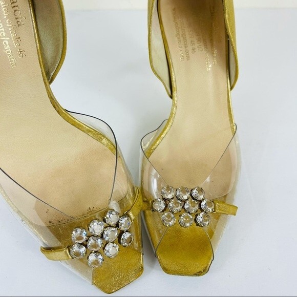 PEDRO GARCIA Retro Gold Metallic Jewel Glitter Peep Toe D'Orsay Heels Shoes 7.5 - Picture 5 of 16